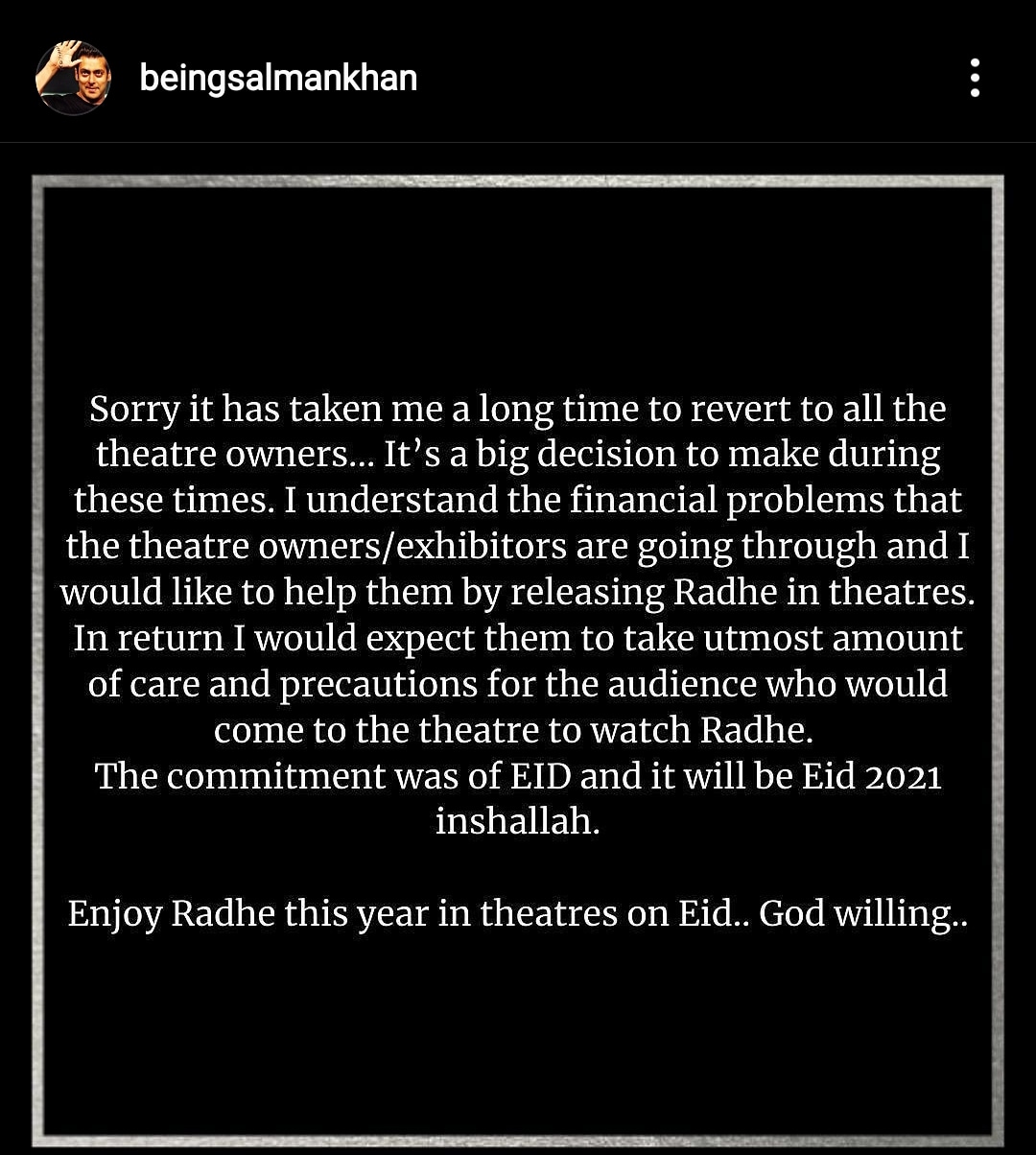 salman khan's statement about the movie Radhe